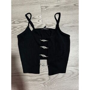 Forever 21 Black Rhinestone Ribbed Tank Top Sleeveless Crop Top Womens Medium‎